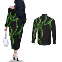 Hawaii Maile Lei Couples Matching Off The Shoulder Long Sleeve Dress and Long Sleeve Button Shirt Aloha Black Color
