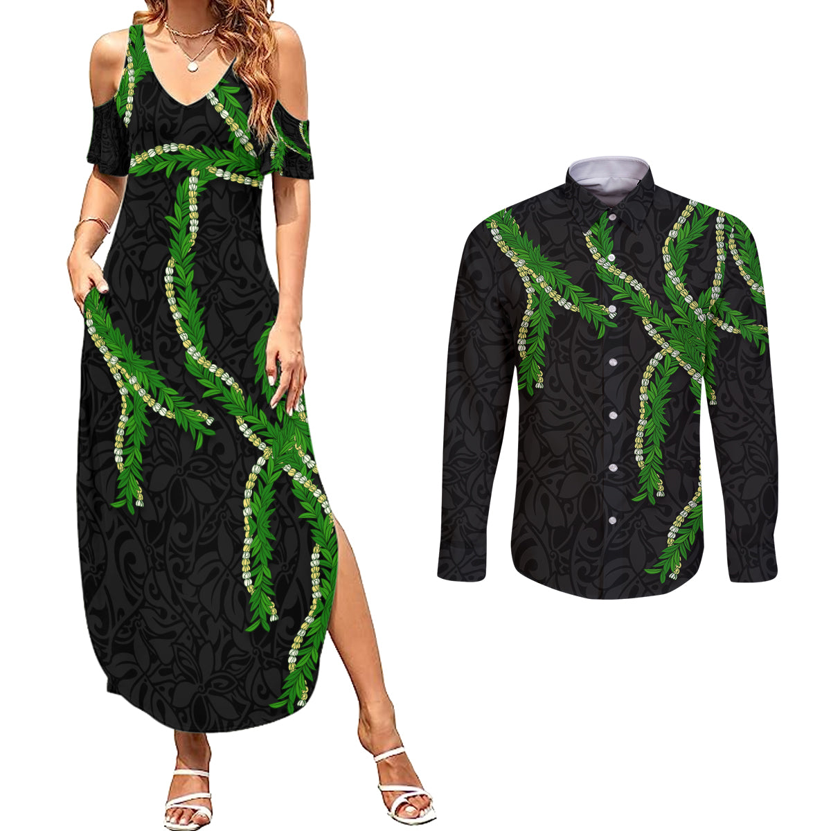 Hawaii Maile Lei Couples Matching Summer Maxi Dress and Long Sleeve Button Shirt Aloha Black Color