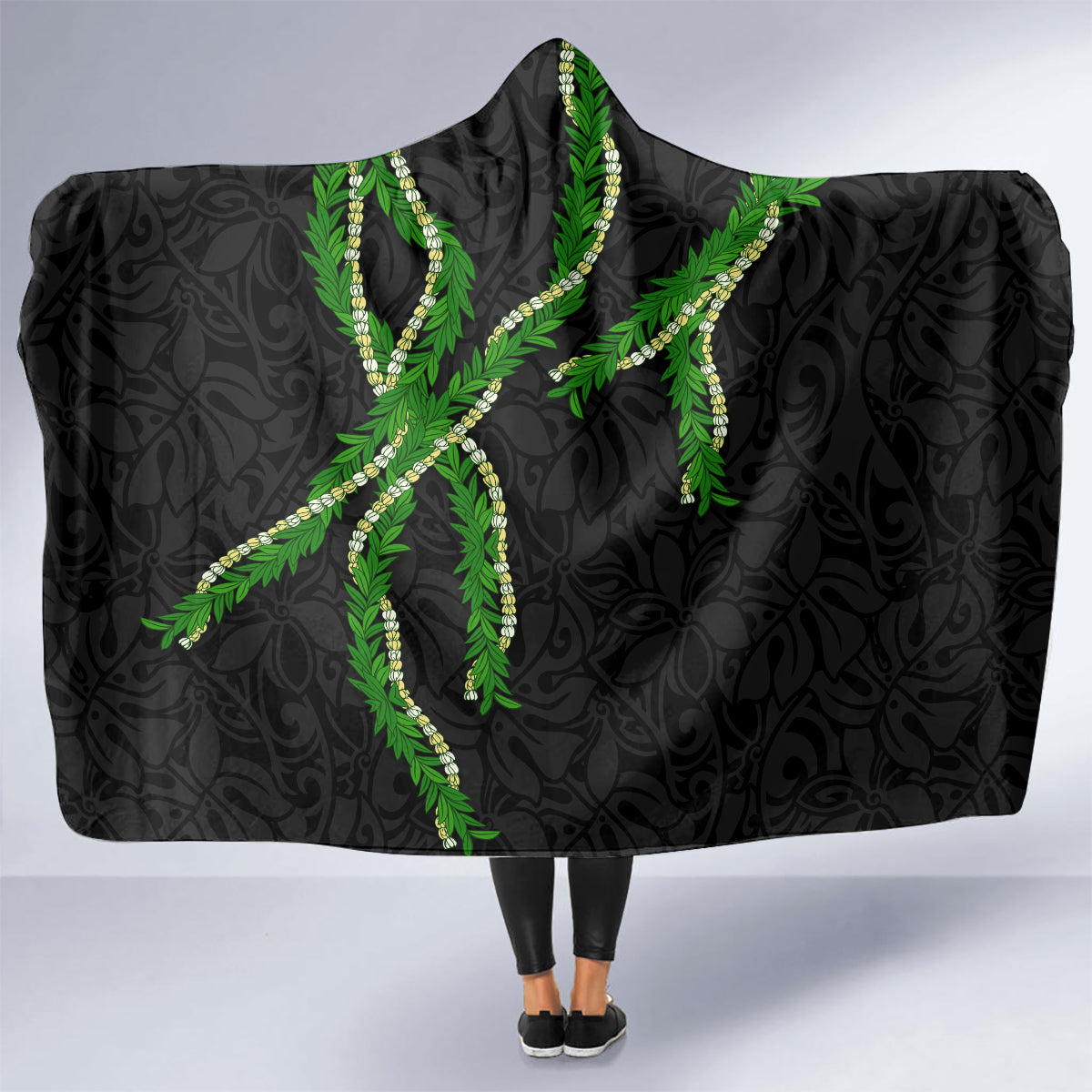 Hawaii Maile Lei Hooded Blanket Aloha Black Color