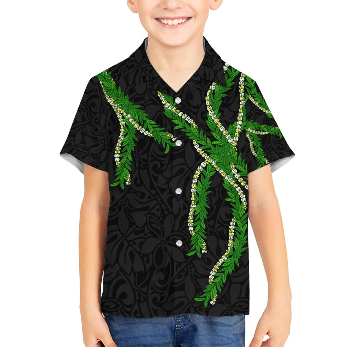Hawaii Maile Lei Kid Hawaiian Shirt Aloha Black Color LT03 Kid Black - Polynesian Pride