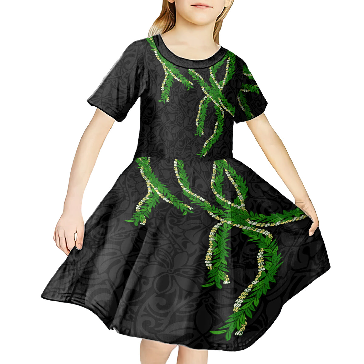 Hawaii Maile Lei Kid Short Sleeve Dress Aloha Black Color