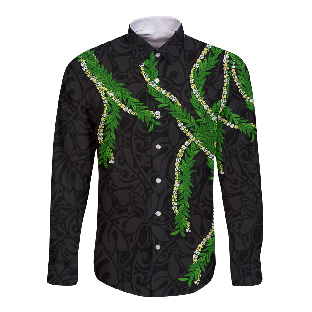 Hawaii Maile Lei Long Sleeve Button Shirt Aloha Black Color
