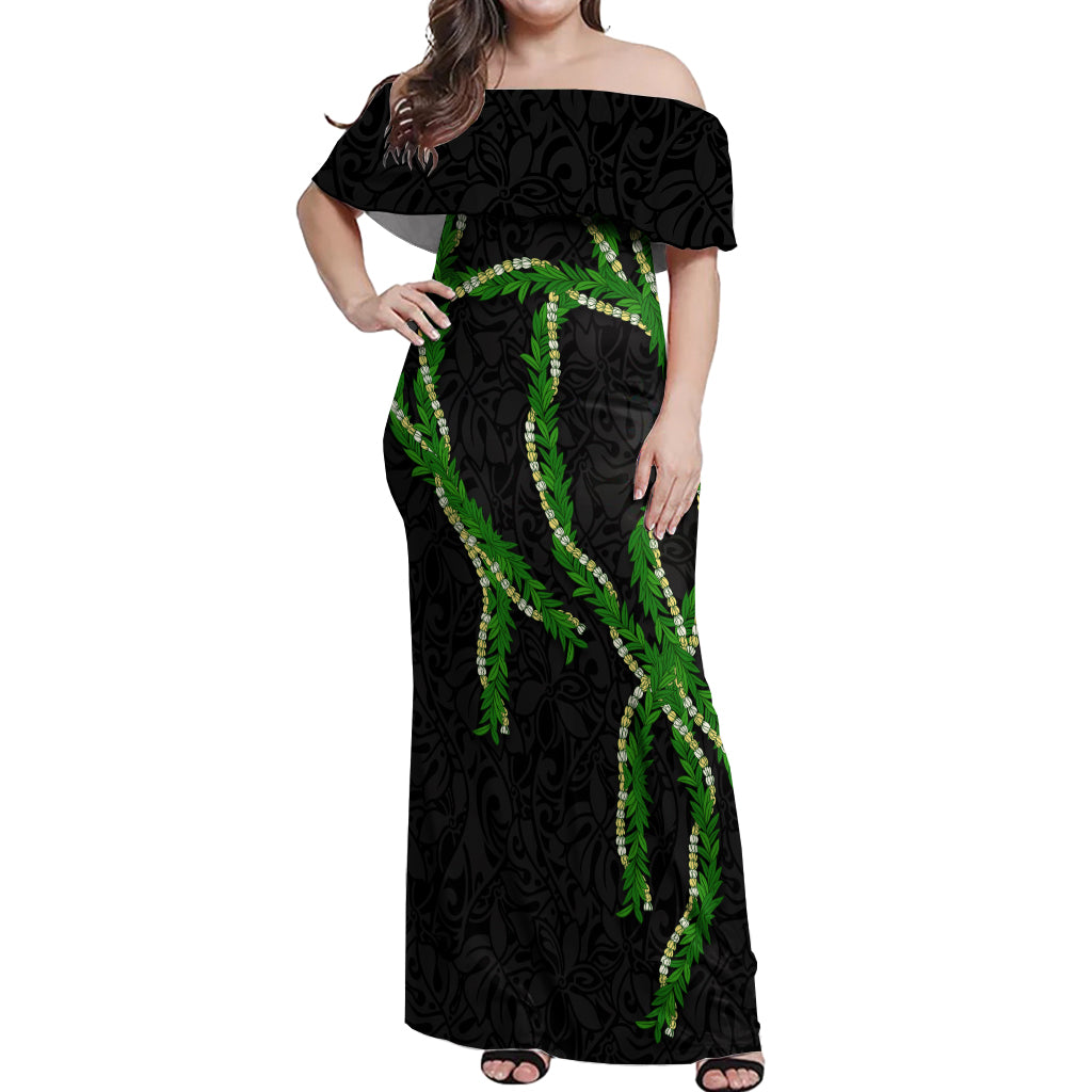 Hawaii Maile Lei Off Shoulder Maxi Dress Aloha Black Color