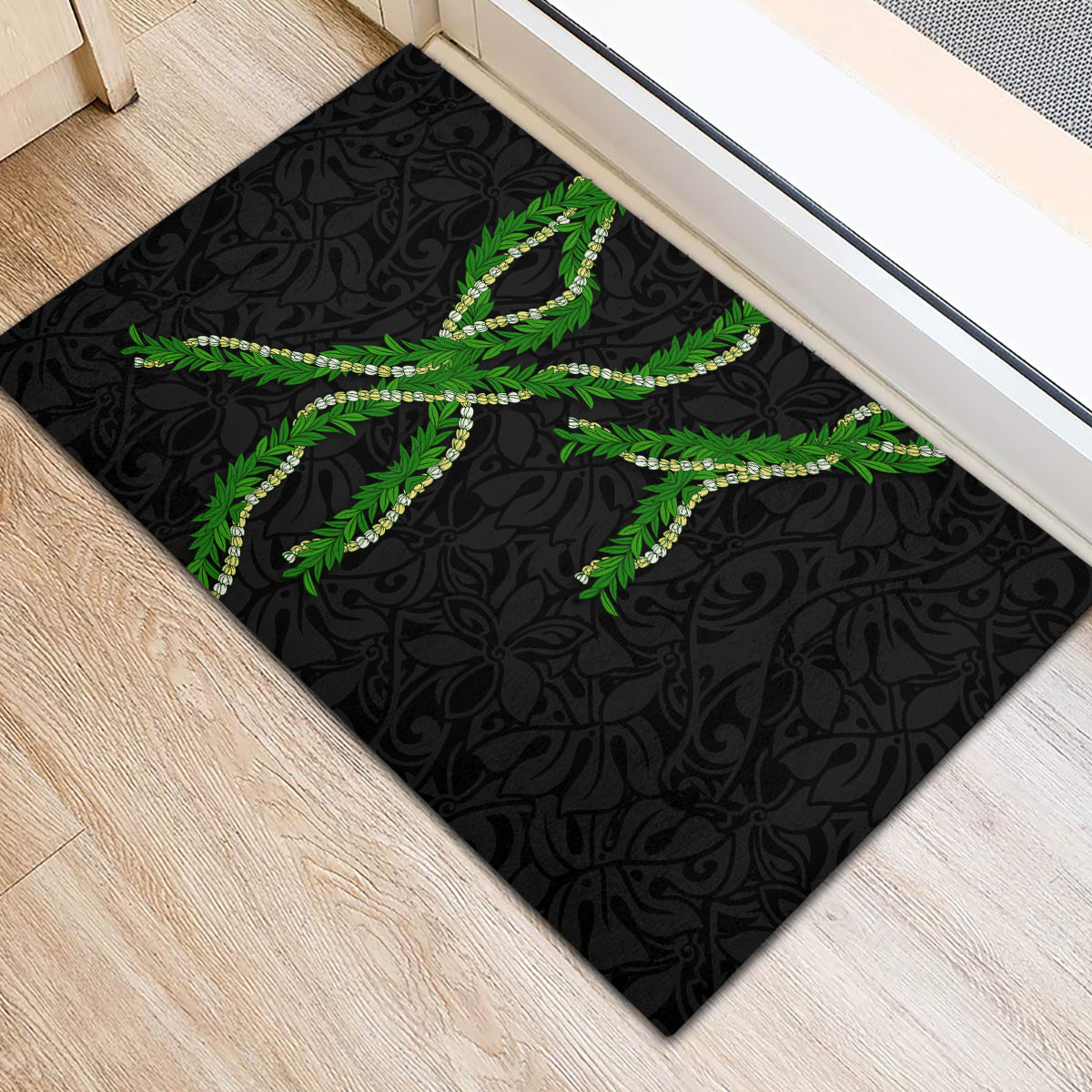 Hawaii Maile Lei Rubber Doormat Aloha Black Color