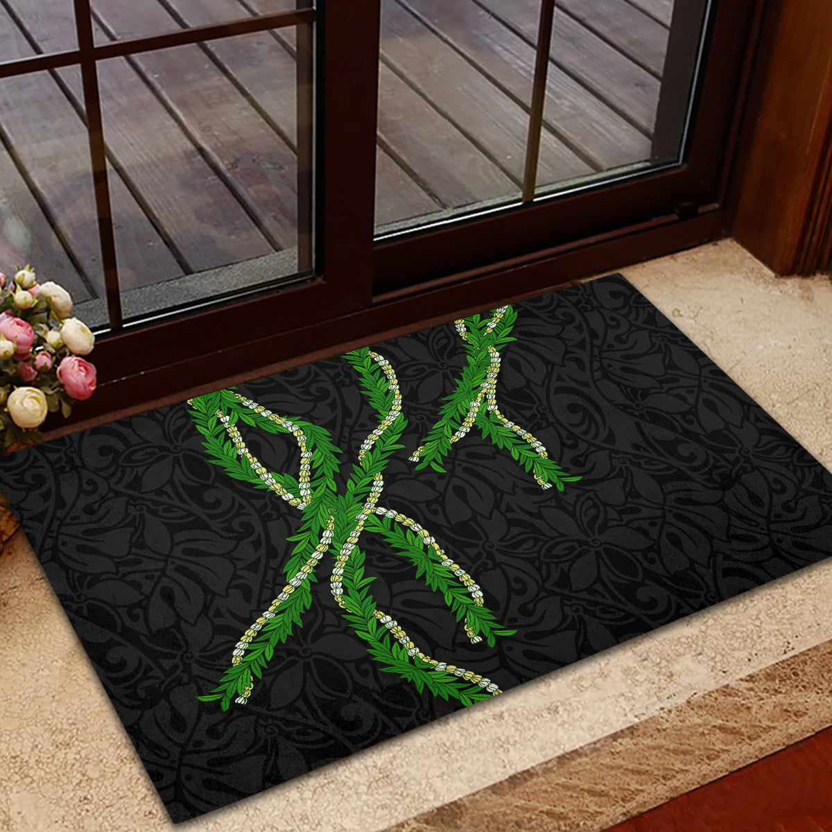 Hawaii Maile Lei Rubber Doormat Aloha Black Color
