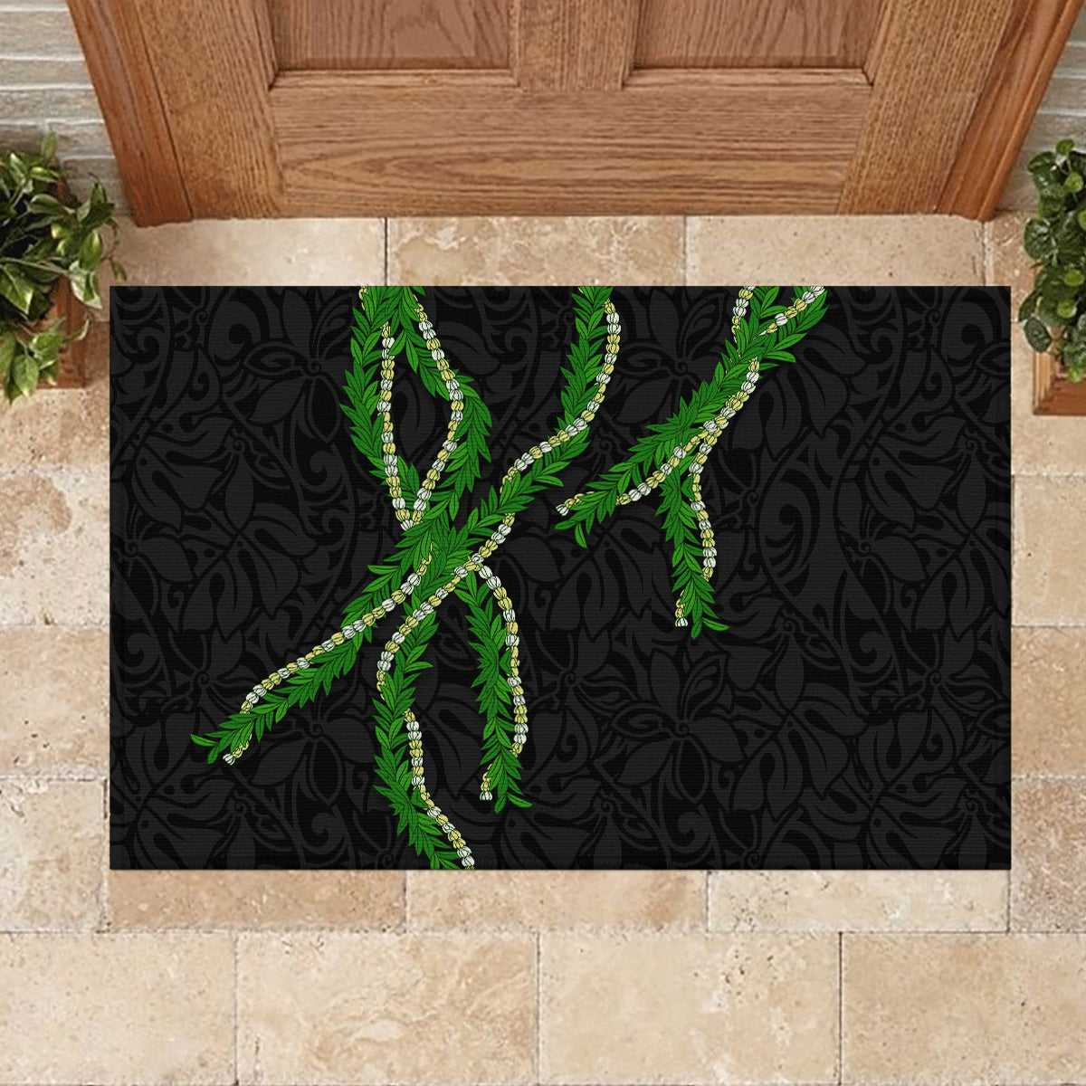 Hawaii Maile Lei Rubber Doormat Aloha Black Color