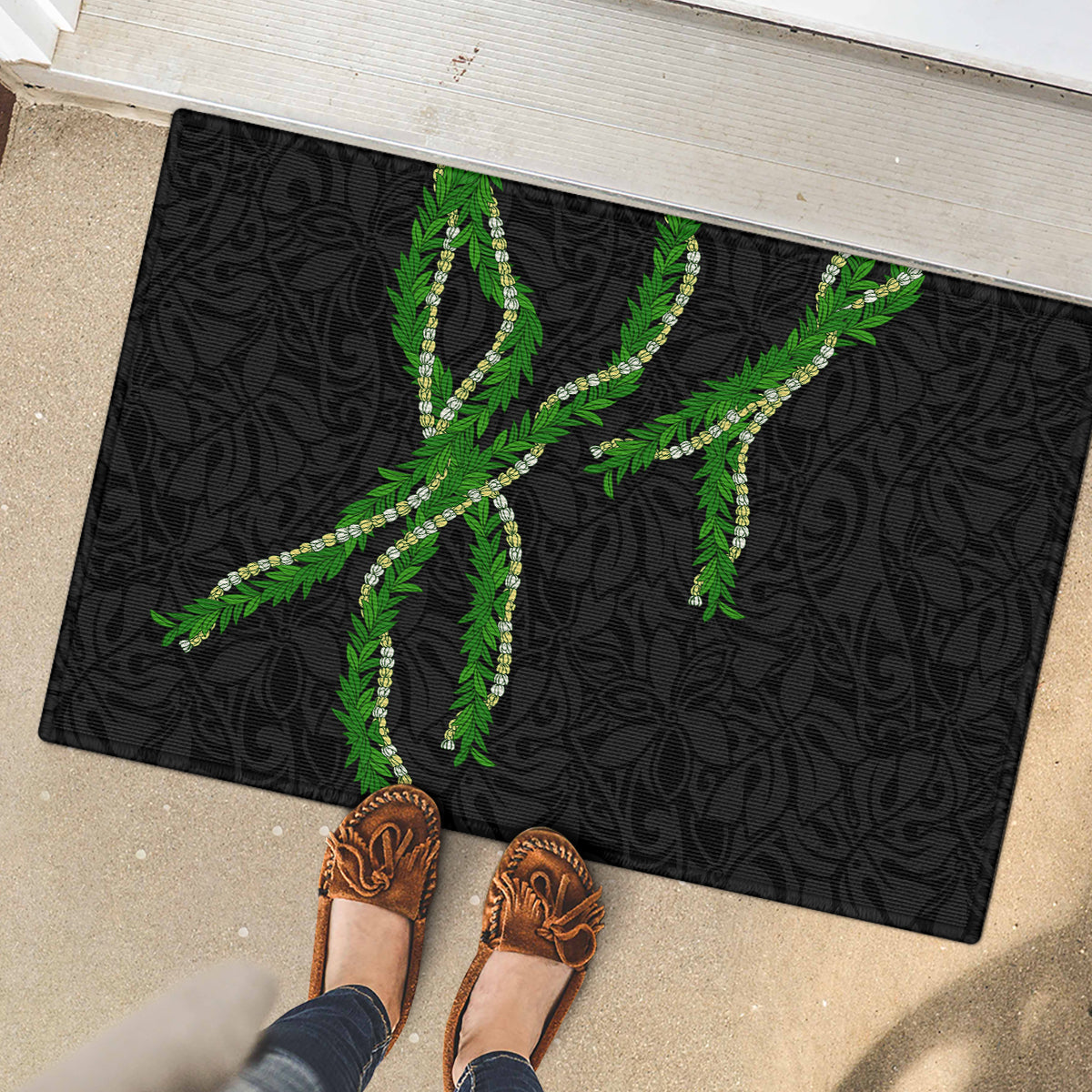 Hawaii Maile Lei Rubber Doormat Aloha Black Color