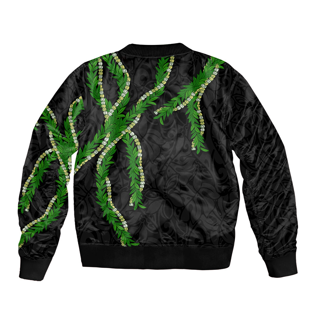 Hawaii Maile Lei Sleeve Zip Bomber Jacket Aloha Black Color