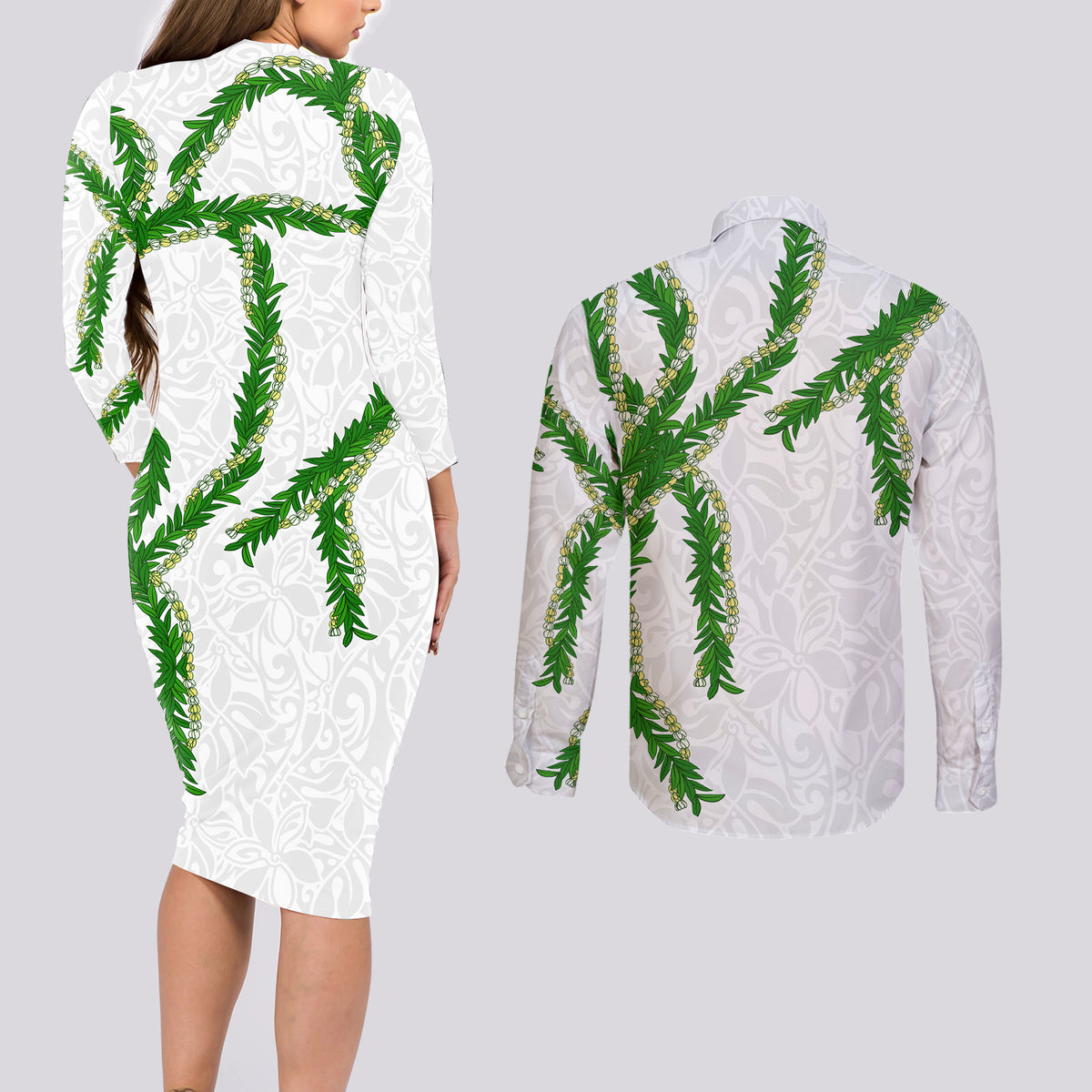 Hawaii Maile Lei Couples Matching Long Sleeve Bodycon Dress and Long Sleeve Button Shirt Aloha White Color