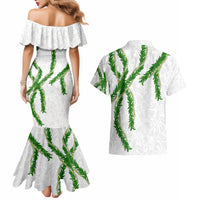Hawaii Maile Lei Couples Matching Mermaid Dress and Hawaiian Shirt Aloha White Color