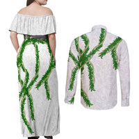 Hawaii Maile Lei Couples Matching Off Shoulder Maxi Dress and Long Sleeve Button Shirt Aloha White Color