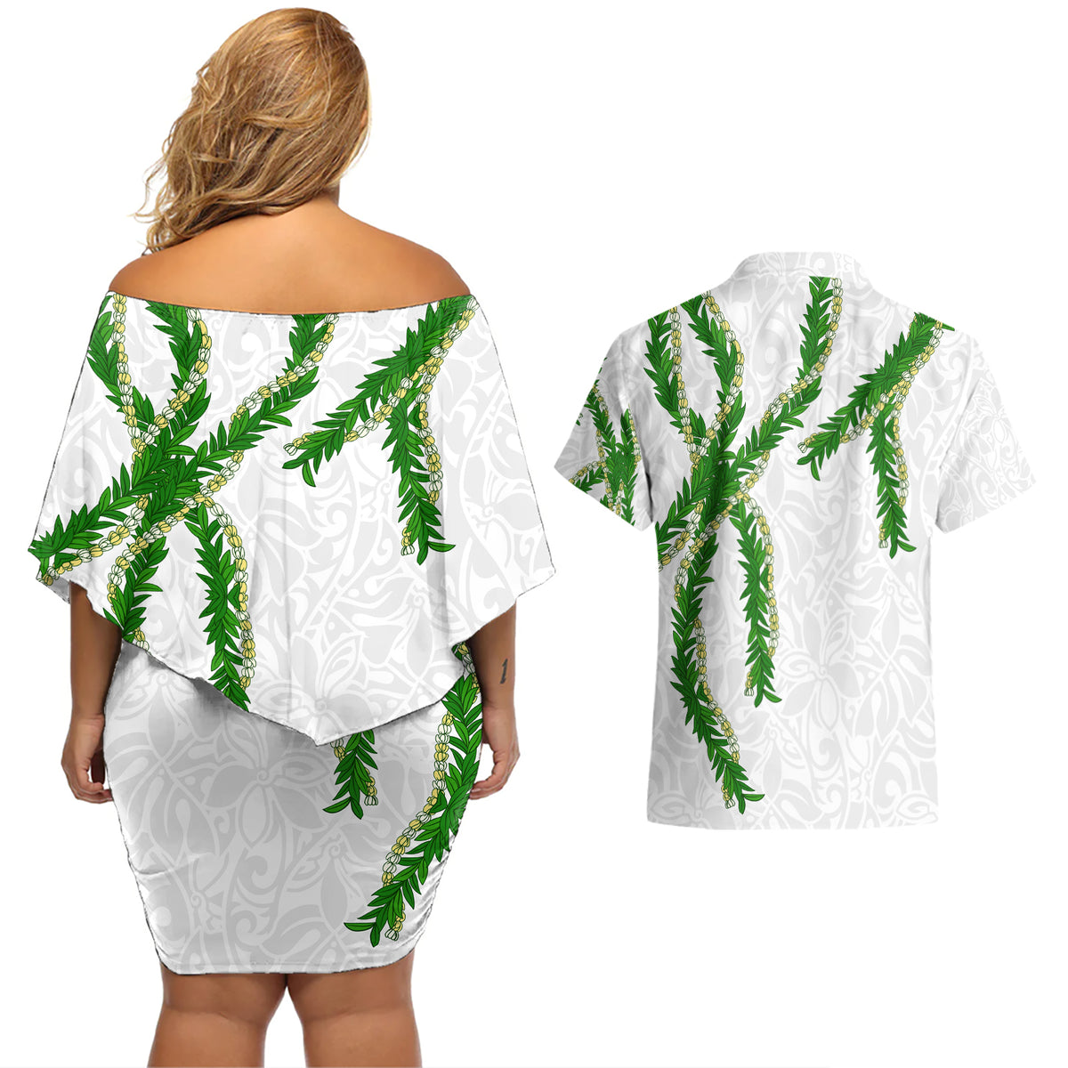 Hawaii Maile Lei Couples Matching Off Shoulder Short Dress and Hawaiian Shirt Aloha White Color