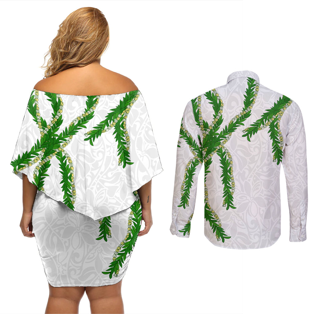 Hawaii Maile Lei Couples Matching Off Shoulder Short Dress and Long Sleeve Button Shirt Aloha White Color