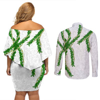 Hawaii Maile Lei Couples Matching Off Shoulder Short Dress and Long Sleeve Button Shirt Aloha White Color