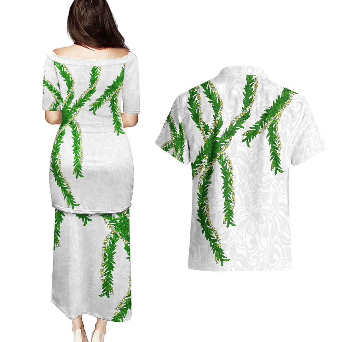 Hawaii Maile Lei Couples Matching Puletasi and Hawaiian Shirt Aloha White Color
