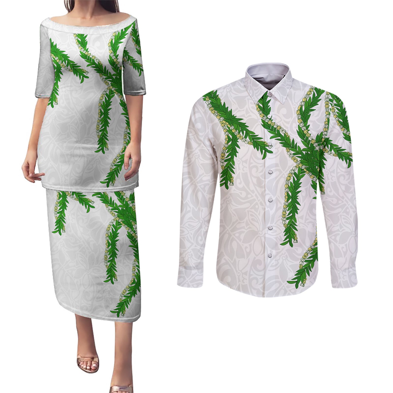 Hawaii Maile Lei Couples Matching Puletasi and Long Sleeve Button Shirt Aloha White Color LT03 White - Polynesian Pride