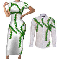 Hawaii Maile Lei Couples Matching Short Sleeve Bodycon Dress and Long Sleeve Button Shirt Aloha White Color