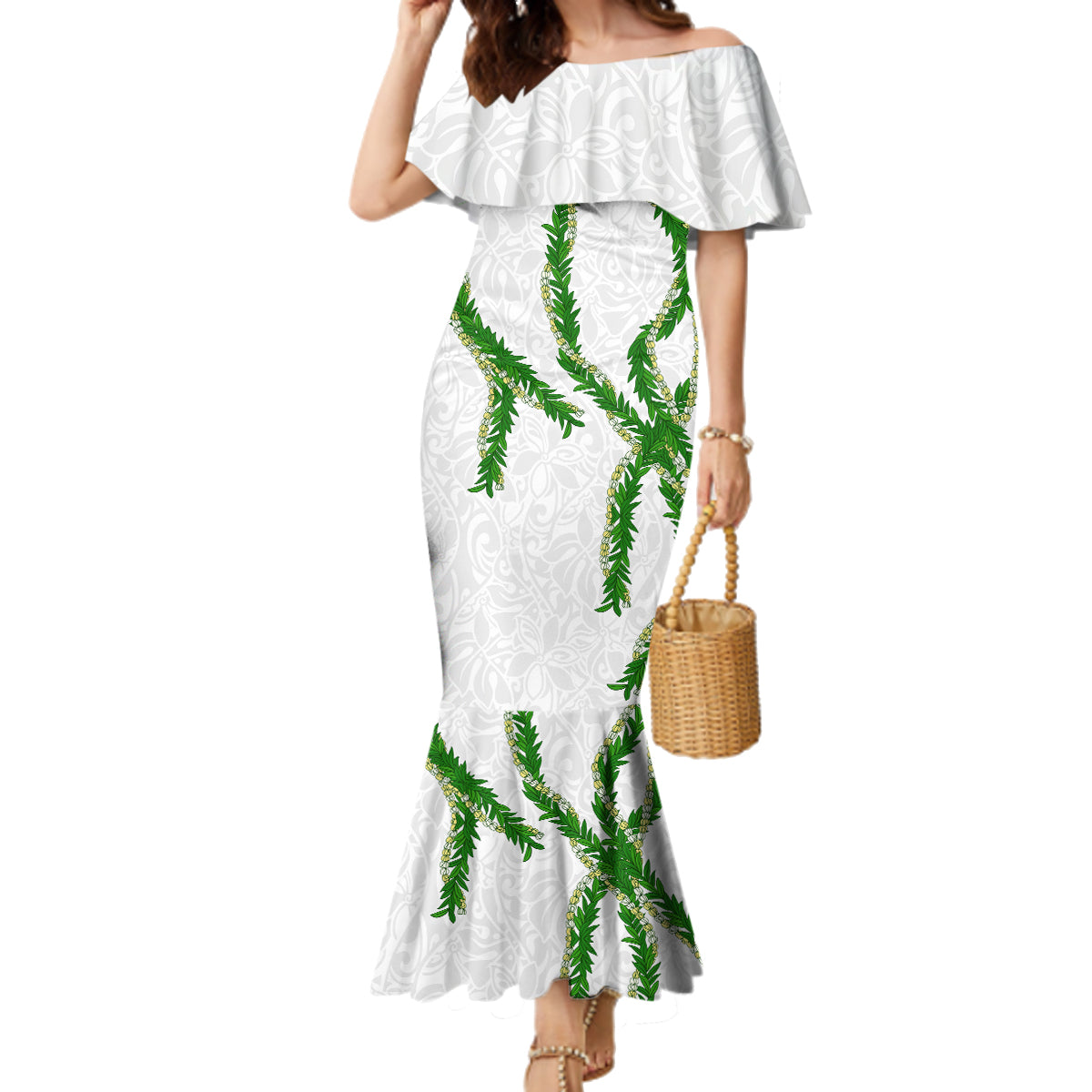 Hawaii Maile Lei Family Matching Mermaid Dress and Hawaiian Shirt Aloha White Color