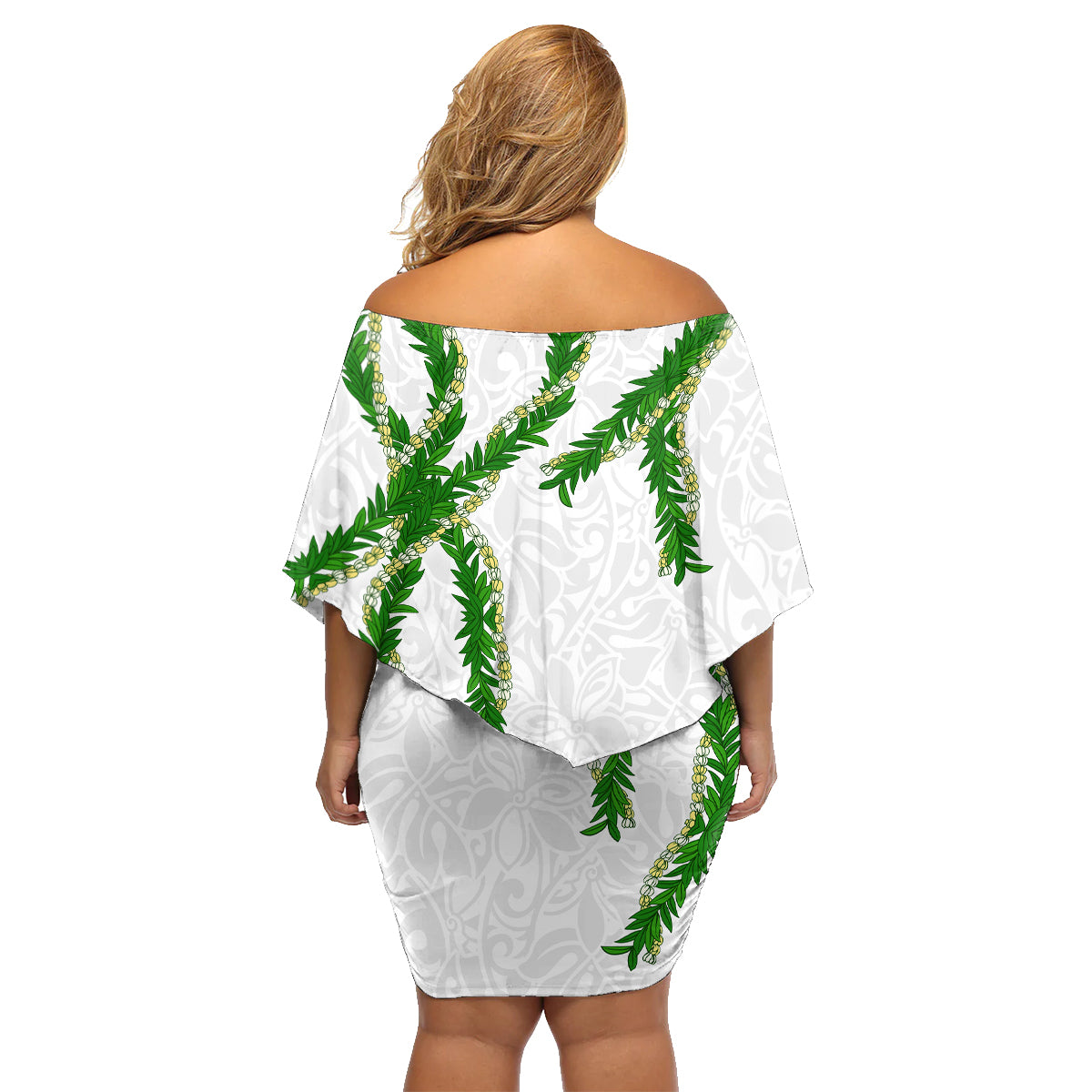 Hawaii Maile Lei Family Matching Off Shoulder Short Dress and Hawaiian Shirt Aloha White Color