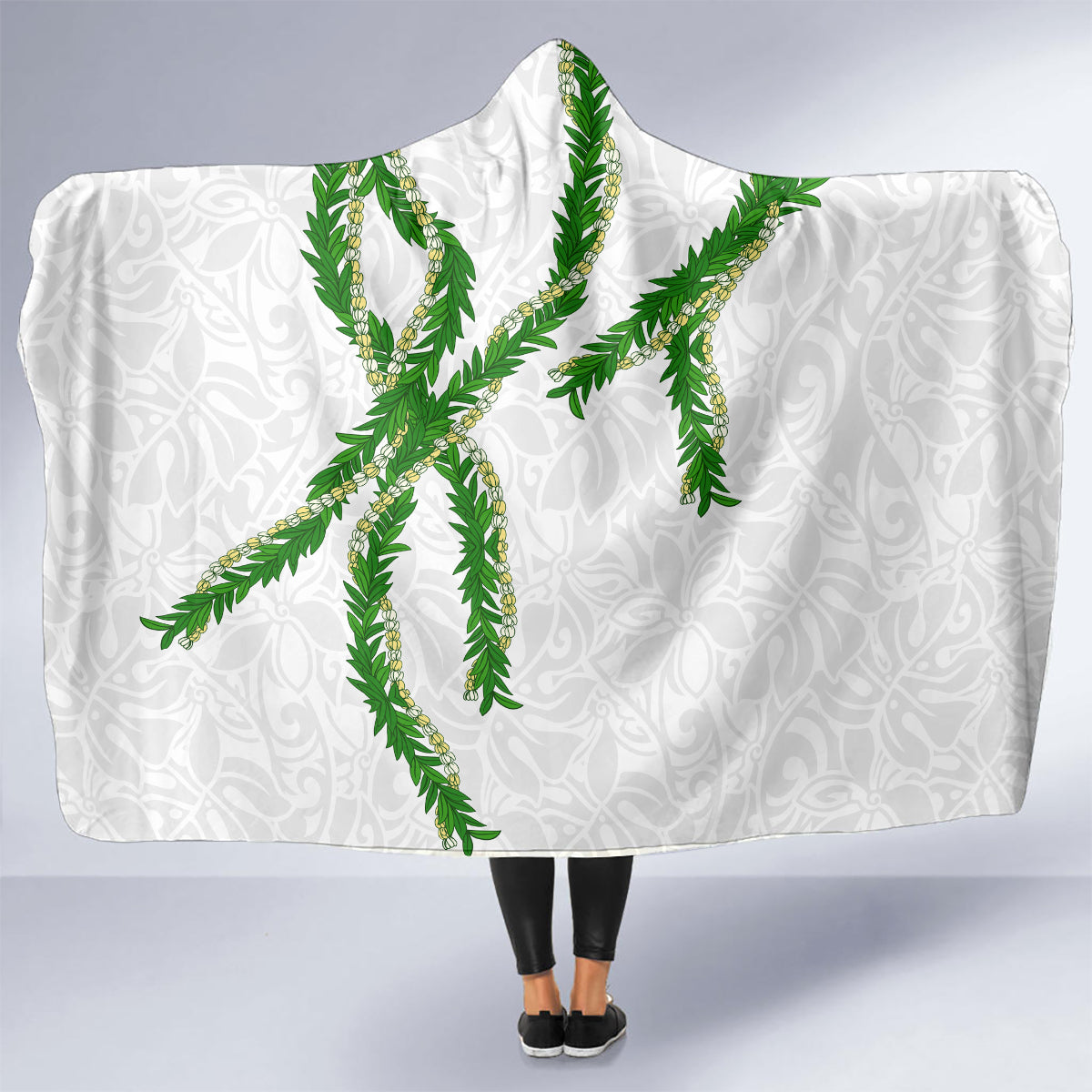 Hawaii Maile Lei Hooded Blanket Aloha White Color