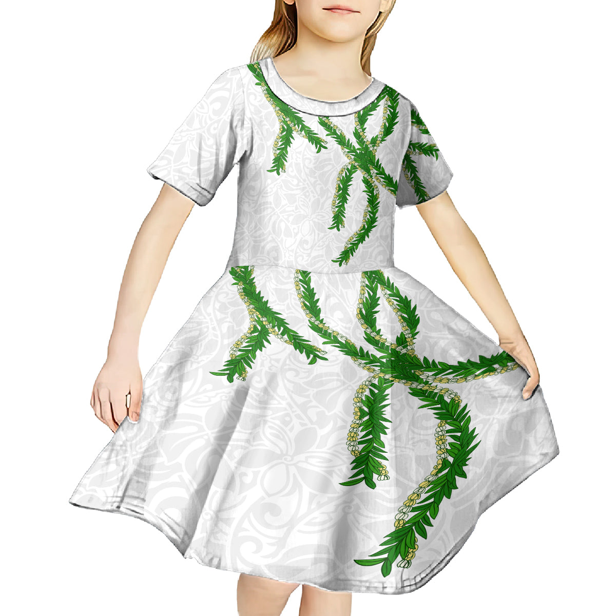 Hawaii Maile Lei Kid Short Sleeve Dress Aloha White Color