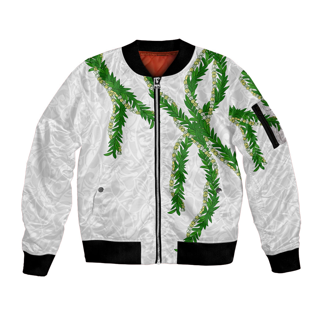 Hawaii Maile Lei Sleeve Zip Bomber Jacket Aloha White Color