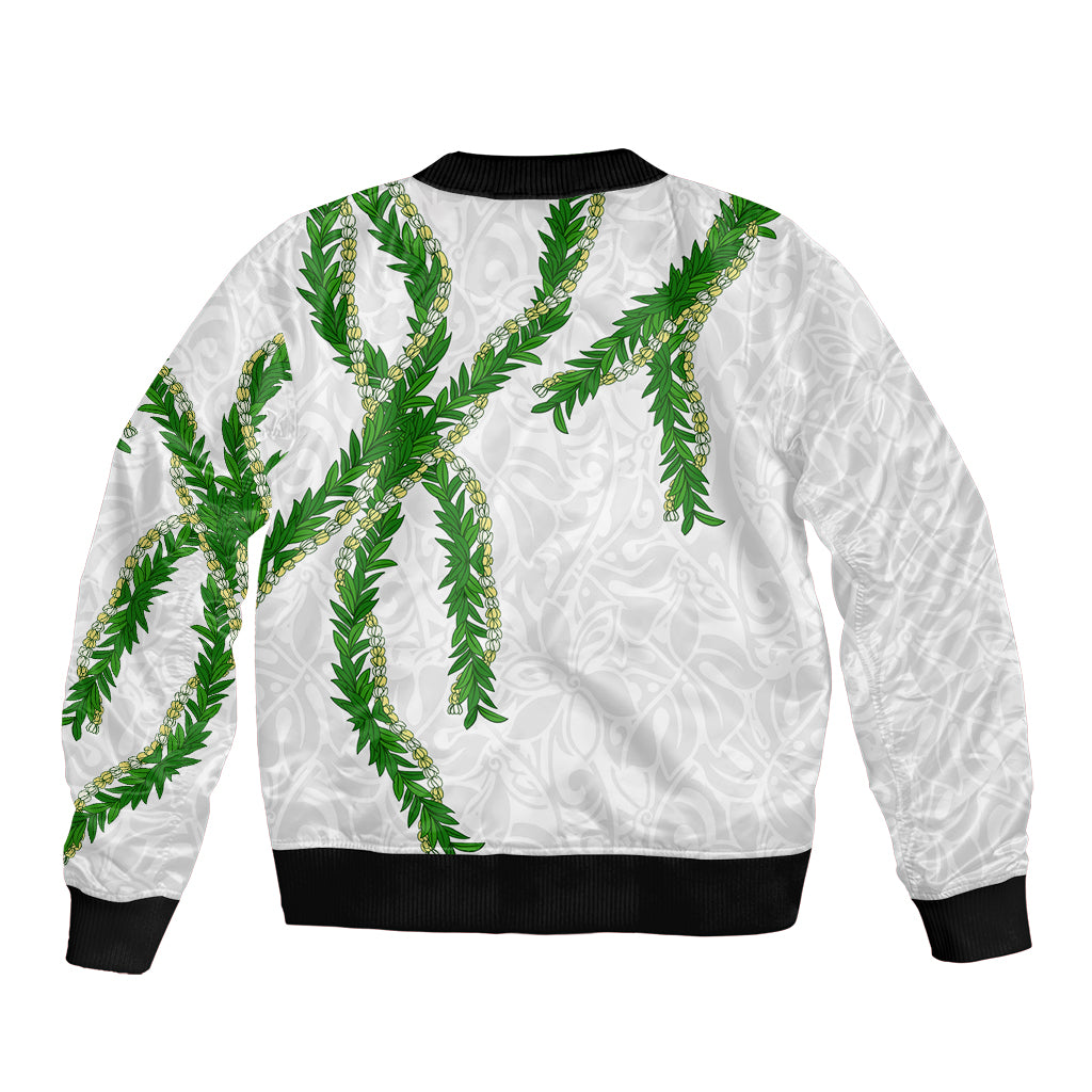 Hawaii Maile Lei Sleeve Zip Bomber Jacket Aloha White Color