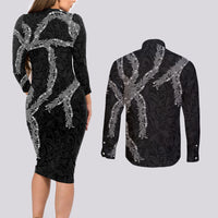 Hawaii Maile Lei Couples Matching Long Sleeve Bodycon Dress and Long Sleeve Button Shirt Aloha Grayscale Color