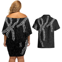 Hawaii Maile Lei Couples Matching Off Shoulder Short Dress and Hawaiian Shirt Aloha Grayscale Color