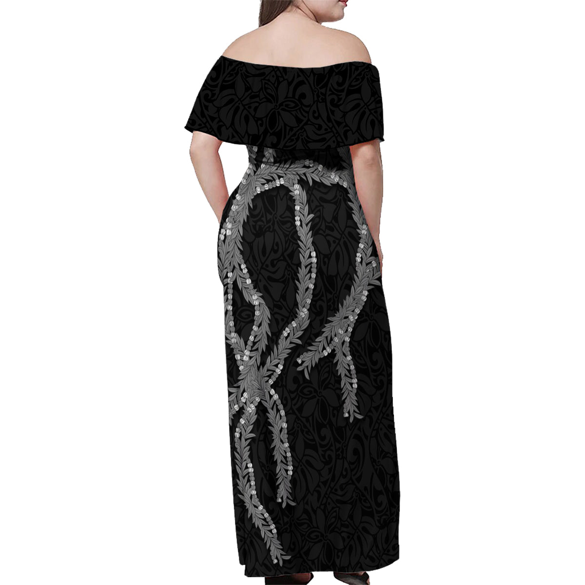 Hawaii Maile Lei Family Matching Off Shoulder Maxi Dress and Hawaiian Shirt Aloha Grayscale Color