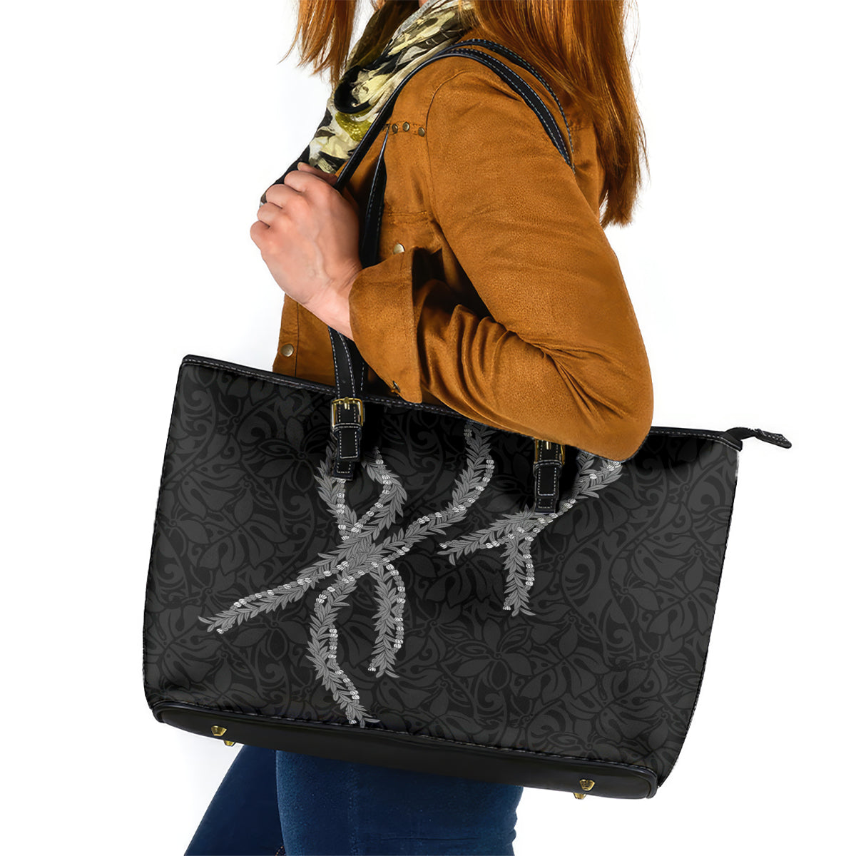 Hawaii Maile Lei Leather Tote Bag Aloha Grayscale Color LT03 Grayscale - Polynesian Pride