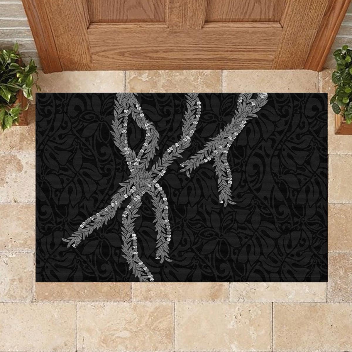 Hawaii Maile Lei Rubber Doormat Aloha Grayscale Color