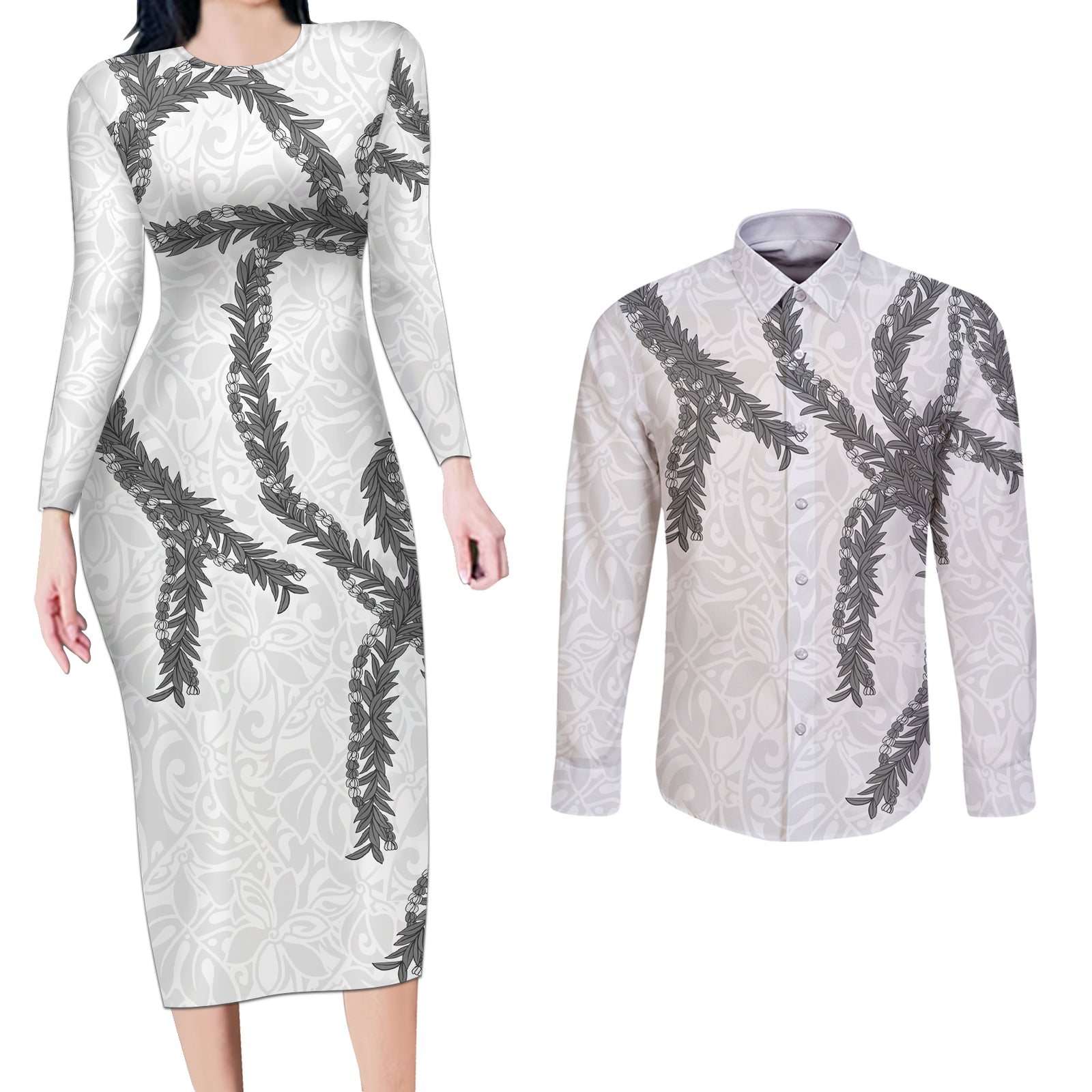 Hawaii Maile Lei Couples Matching Long Sleeve Bodycon Dress and Long Sleeve Button Shirt Aloha The Grey Color