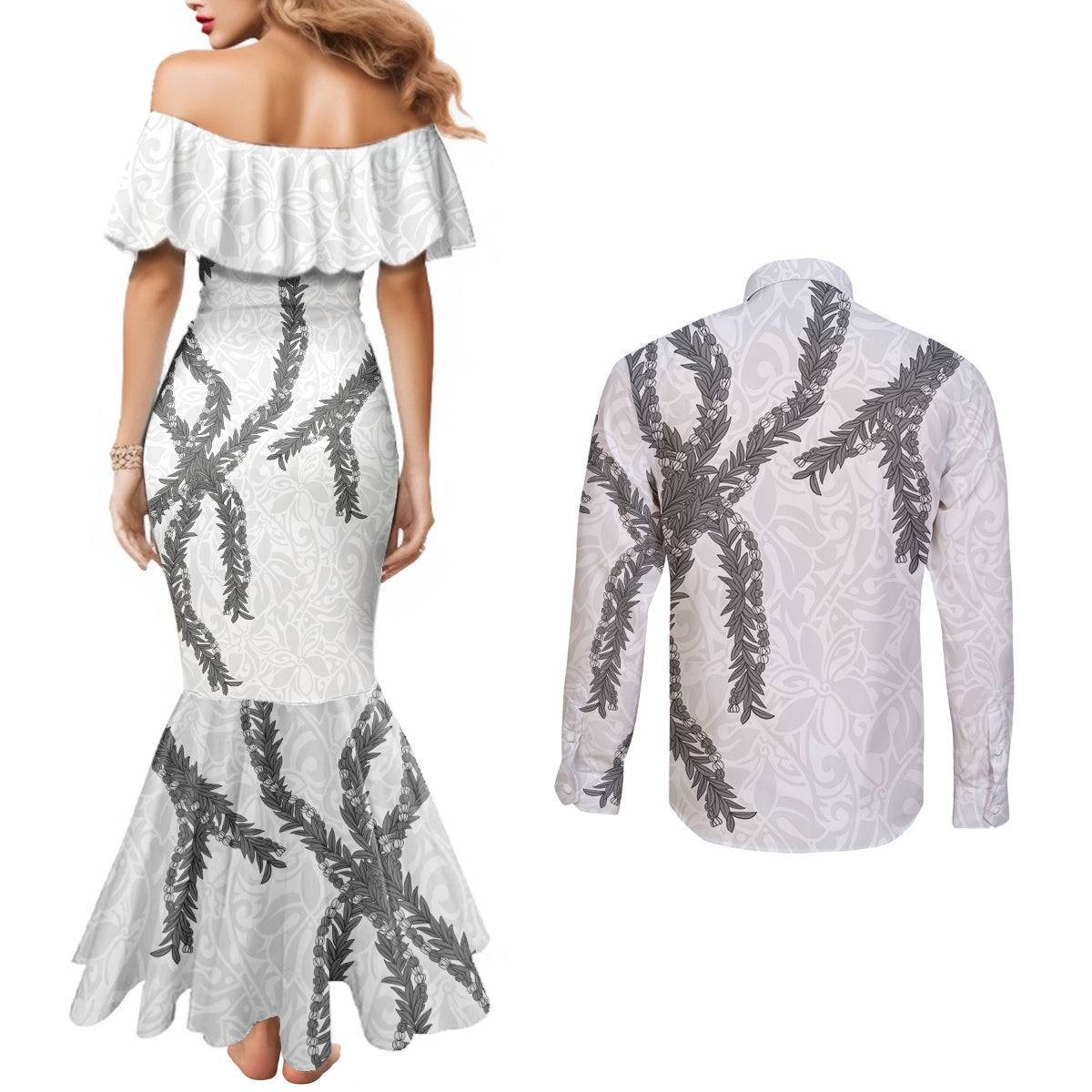 Hawaii Maile Lei Couples Matching Mermaid Dress and Long Sleeve Button Shirt Aloha The Grey Color