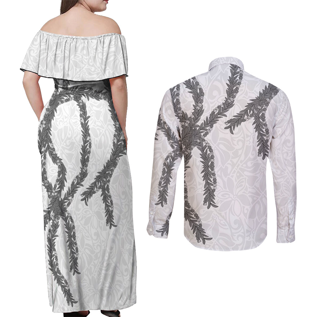 Hawaii Maile Lei Couples Matching Off Shoulder Maxi Dress and Long Sleeve Button Shirt Aloha The Grey Color