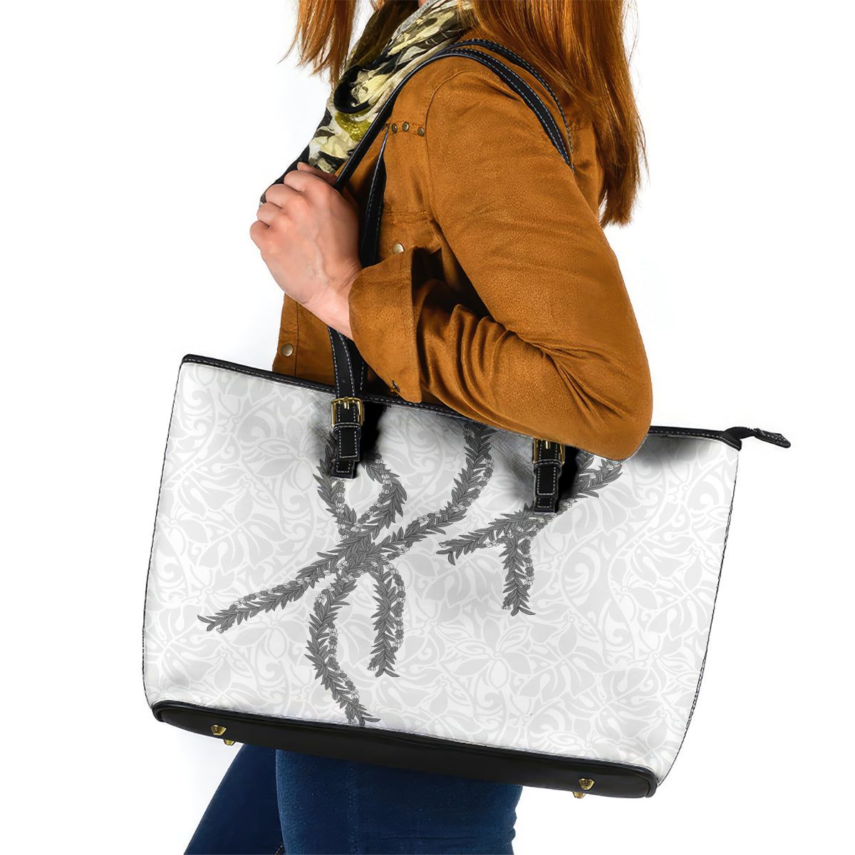 Hawaii Maile Lei Leather Tote Bag Aloha The Grey Color LT03 Grey - Polynesian Pride