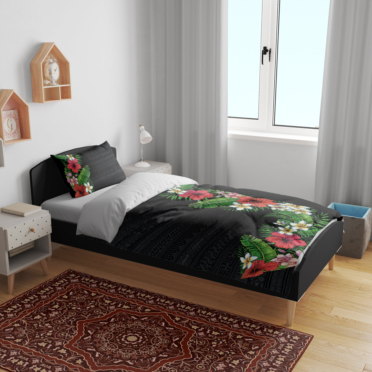 Hawaii Tropical Flowers and Leaves Bedding Set Tapa Pattern Colorful Mode