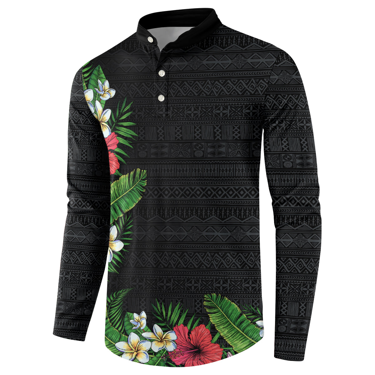 Hawaii Tropical Flowers and Leaves Button Sweatshirt Tapa Pattern Colorful Mode