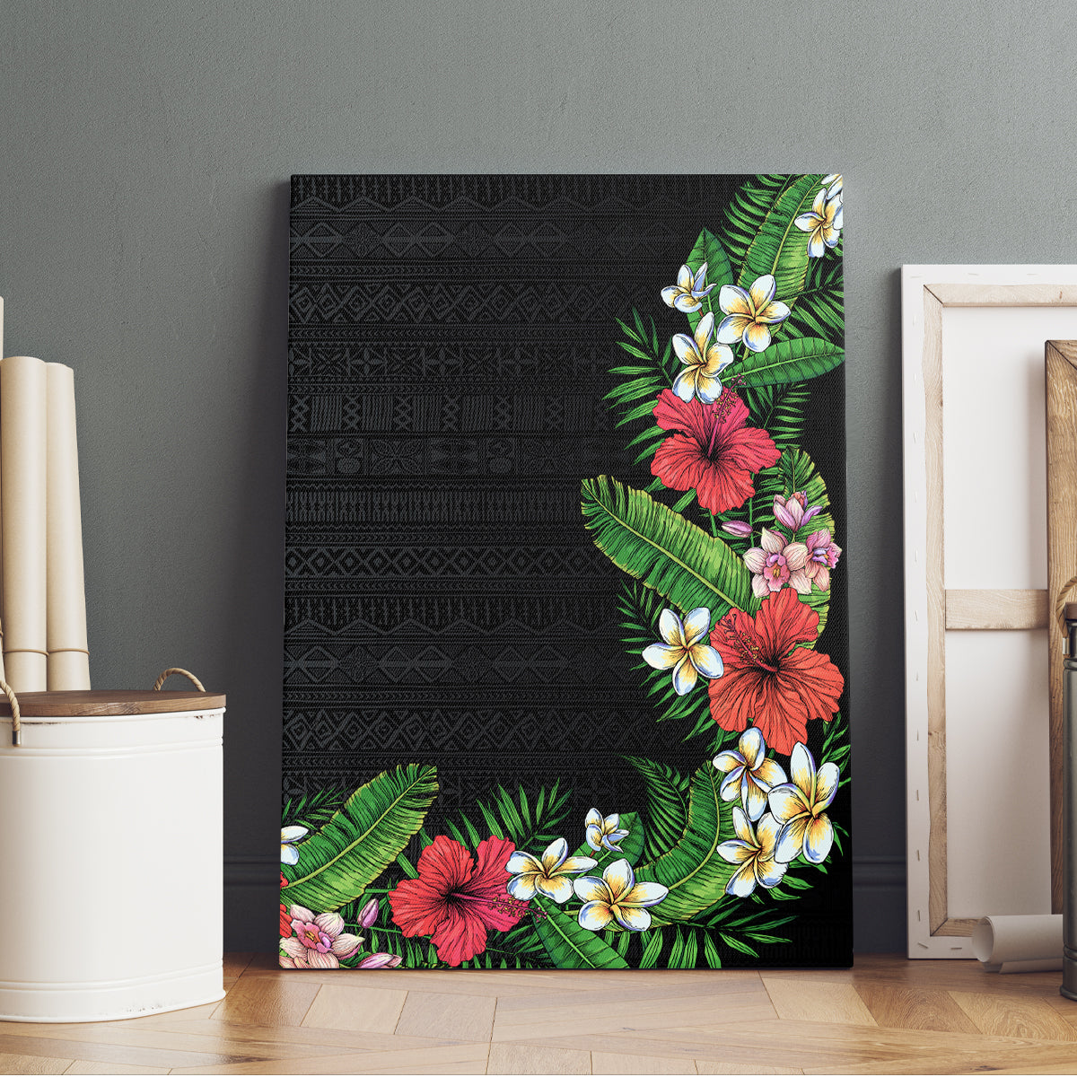 Hawaii Tropical Flowers and Leaves Canvas Wall Art Tapa Pattern Colorful Mode