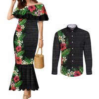 Hawaii Tropical Flowers and Leaves Couples Matching Mermaid Dress and Long Sleeve Button Shirt Tapa Pattern Colorful Mode