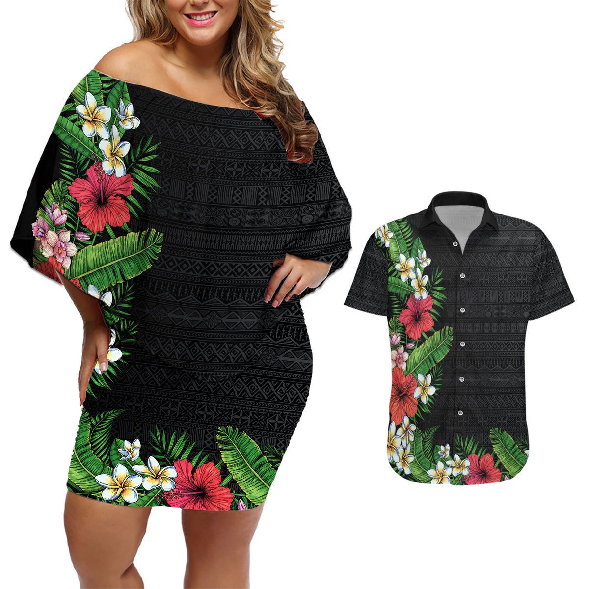 Hawaii Tropical Flowers and Leaves Couples Matching Off Shoulder Short Dress and Hawaiian Shirt Tapa Pattern Colorful Mode