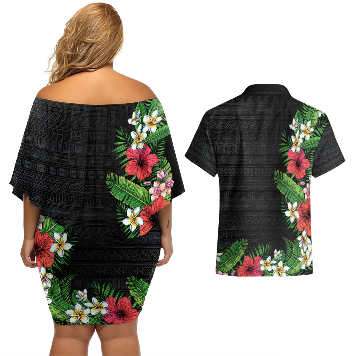 Hawaii Tropical Flowers and Leaves Couples Matching Off Shoulder Short Dress and Hawaiian Shirt Tapa Pattern Colorful Mode
