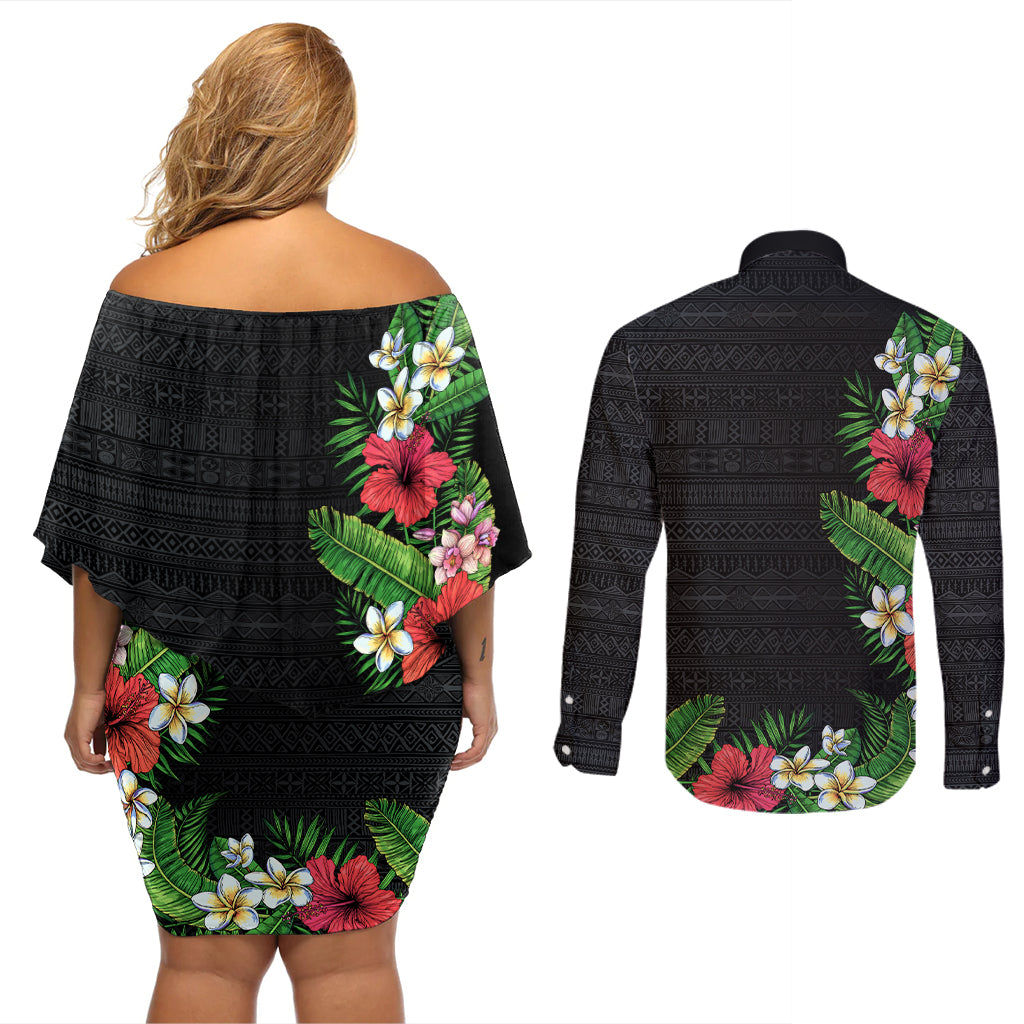 Hawaii Tropical Flowers and Leaves Couples Matching Off Shoulder Short Dress and Long Sleeve Button Shirt Tapa Pattern Colorful Mode