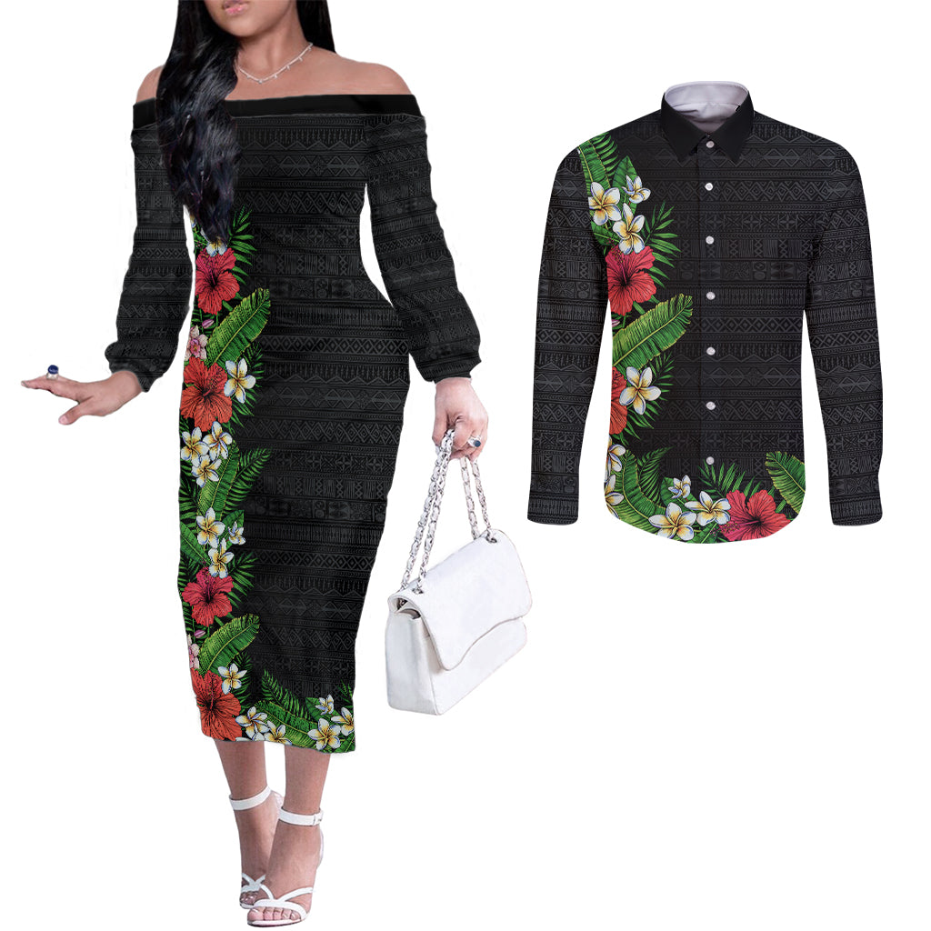 Hawaii Tropical Flowers and Leaves Couples Matching Off The Shoulder Long Sleeve Dress and Long Sleeve Button Shirt Tapa Pattern Colorful Mode