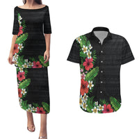 Hawaii Tropical Flowers and Leaves Couples Matching Puletasi and Hawaiian Shirt Tapa Pattern Colorful Mode