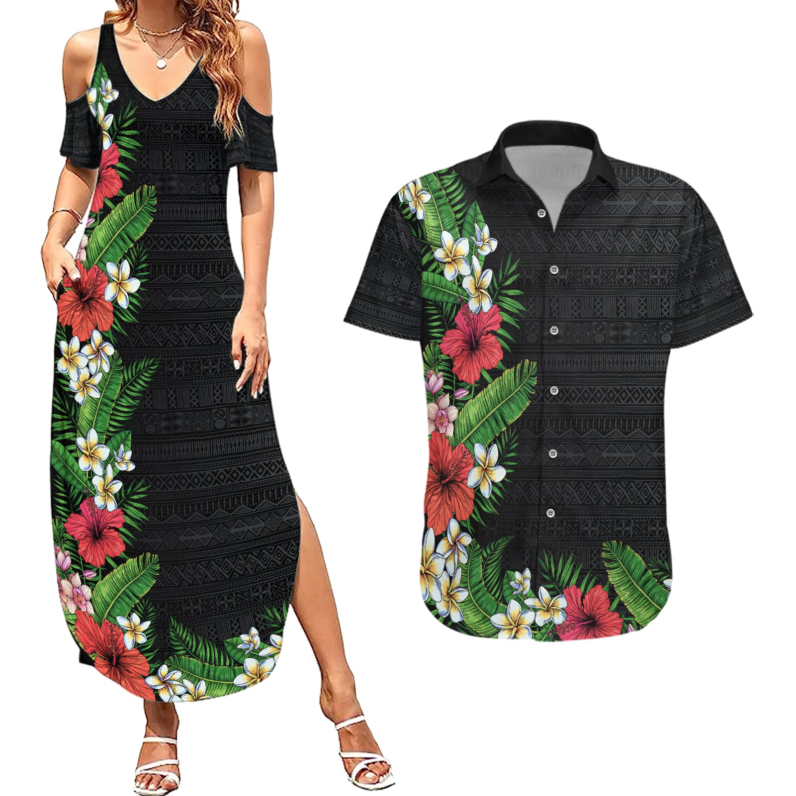 Hawaii Tropical Flowers and Leaves Couples Matching Summer Maxi Dress and Hawaiian Shirt Tapa Pattern Colorful Mode