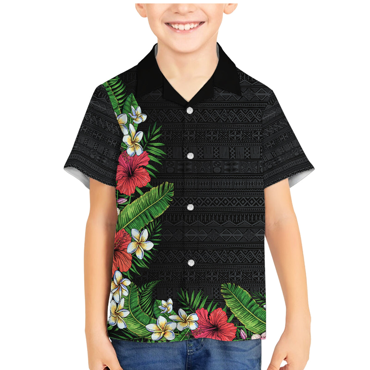 Hawaii Tropical Flowers and Leaves Family Matching Mermaid Dress and Hawaiian Shirt Tapa Pattern Colorful Mode