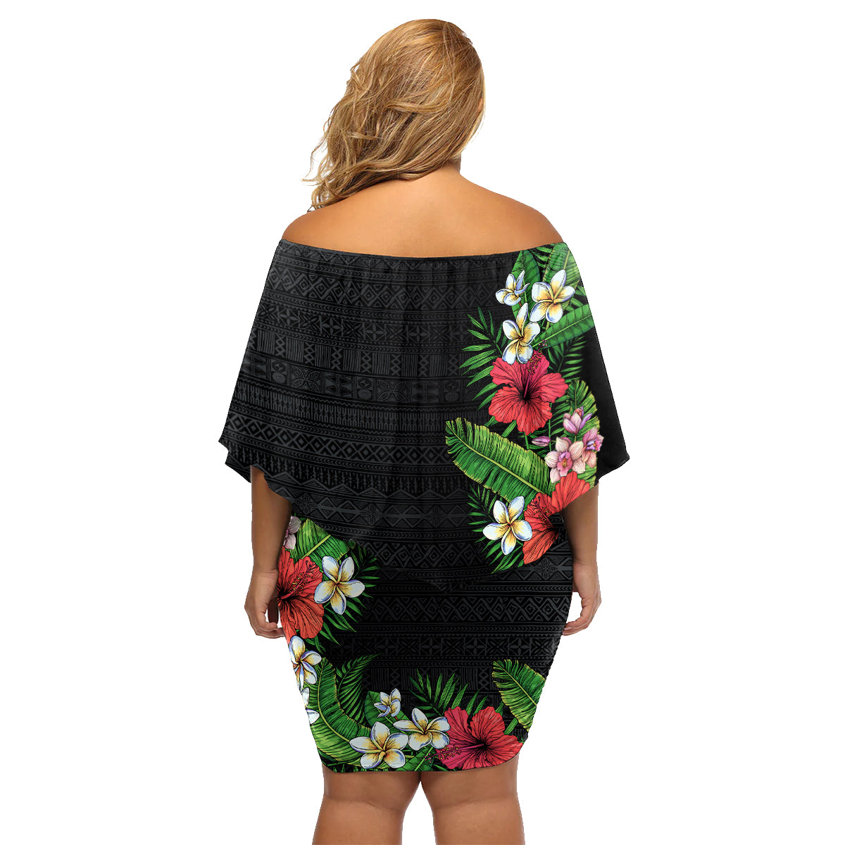 Hawaii Tropical Flowers and Leaves Family Matching Off Shoulder Short Dress and Hawaiian Shirt Tapa Pattern Colorful Mode
