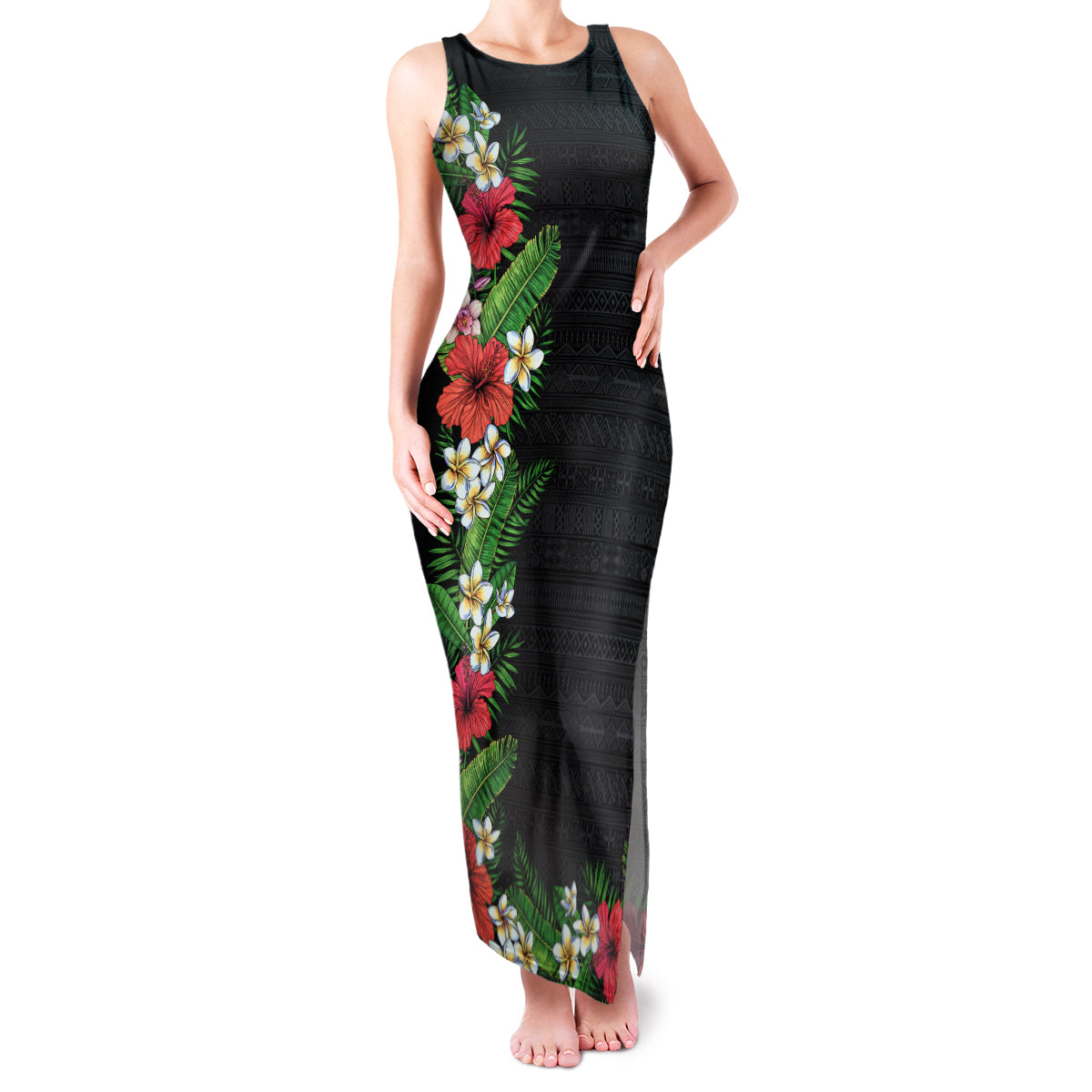 Hawaii Tropical Flowers and Leaves Family Matching Tank Maxi Dress and Hawaiian Shirt Tapa Pattern Colorful Mode