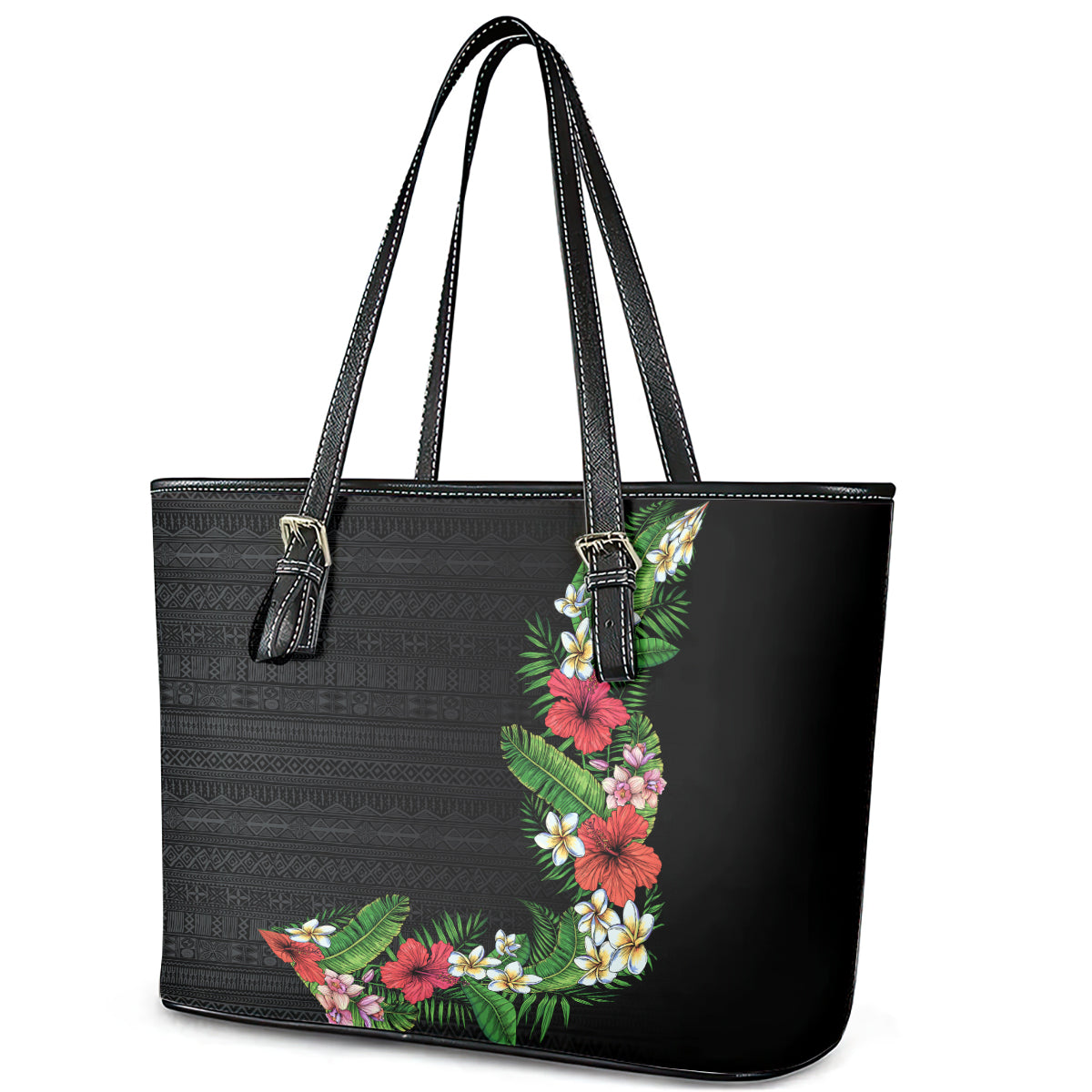 Hawaii Tropical Flowers and Leaves Leather Tote Bag Tapa Pattern Colorful Mode